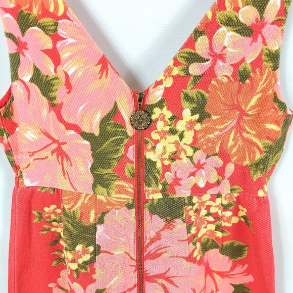 Tracy Feith Hawaiian Hibicus Orange Floral Boho V-neck Shift Dress - Picture 6 of 12